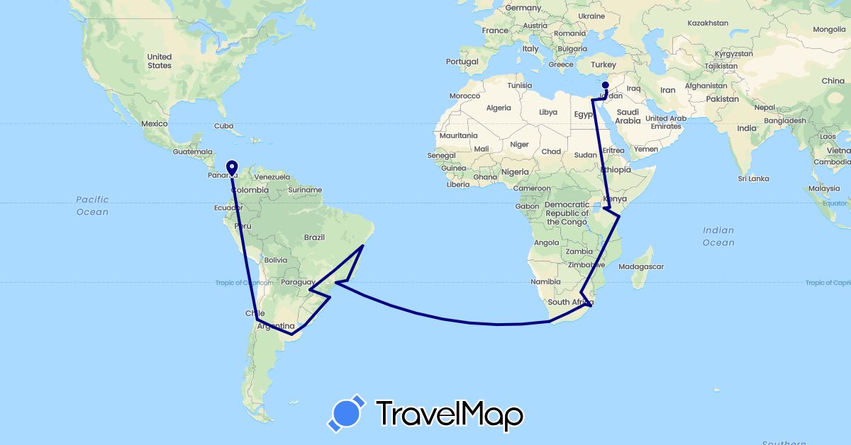 TravelMap itinerary: driving in Argentina, Brazil, Chile, Colombia, Egypt, Jordan, Kenya, Lebanon, Lesotho, Paraguay, Uruguay, South Africa (Africa, Asia, South America)